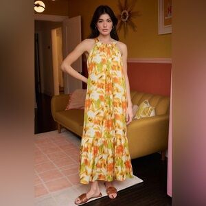 Mittoshop Watercolor Print Halter Neck Satin Maxi Dress